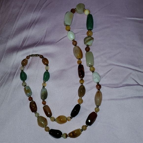 Vintage Indian Brass Carnelian, Agate, Aventurine Polished Stones Necklace (28") - Picture 1 of 6